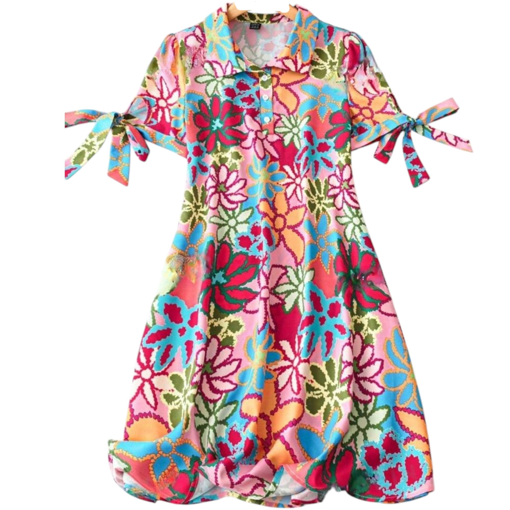 Gufrina Women's Rayon Midi Dress With Half Sleeves Geometric Printed Spread Collar Neck Knee Length Regular Fit And Flare Pink