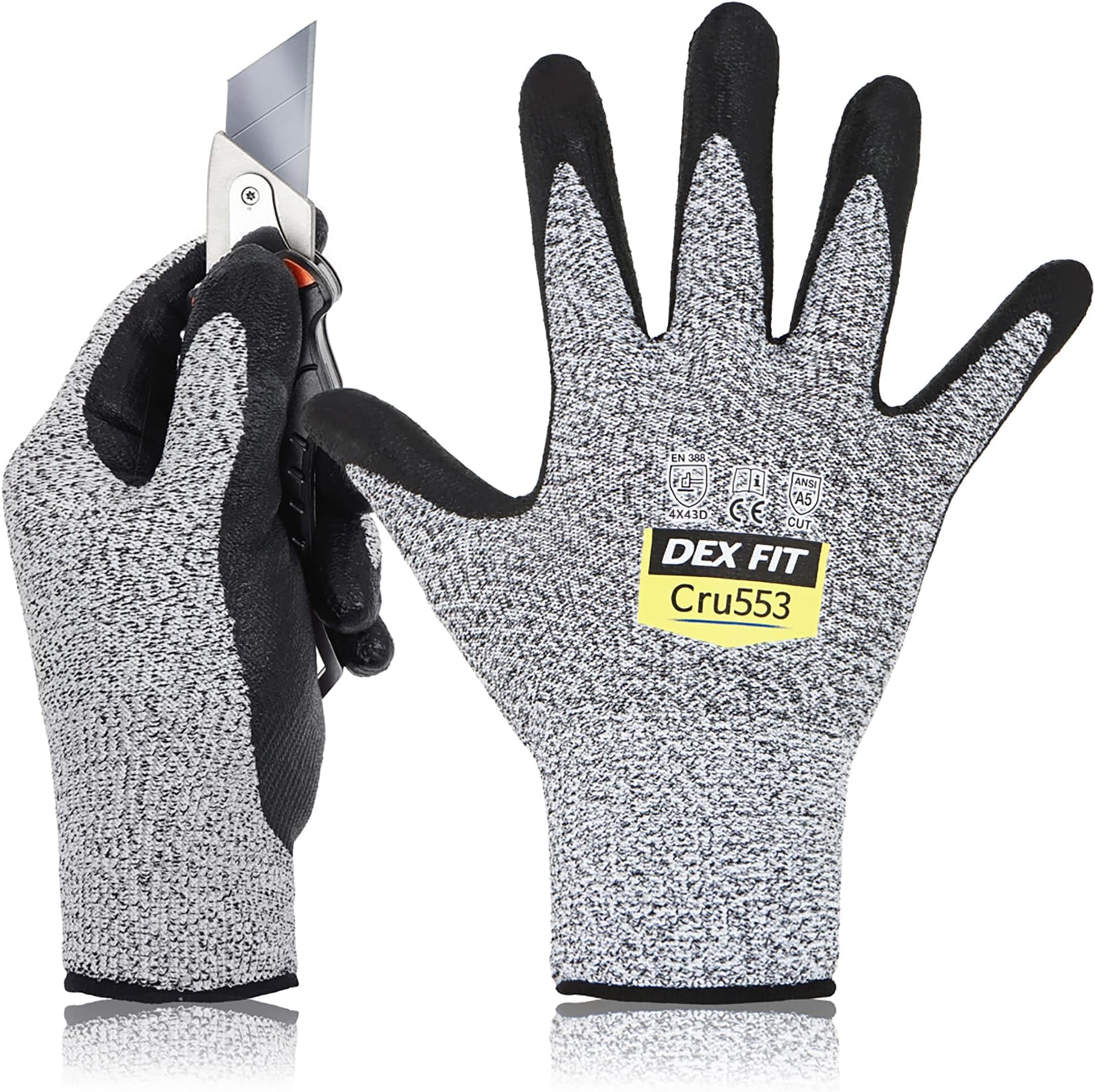 DEX FIT Cru553 Level 5 Cut Resistant Work Gloves, Comfortable Stretch 3D Adaption, Durable Nitrile Grippants, Smart Touch, Thin Light, Washable, Grey 10 (XL) 1 Pair