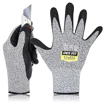 DEX FIT Level 5 Cut Resistant Gloves Cru553, 3D-Comfort Stretchy Fit, Power Grip, Professional Grade, Thin, Touch-Screen Compatible, Durable, Machine Washable, Itch-Free, Grey 6 XS 1 Pair