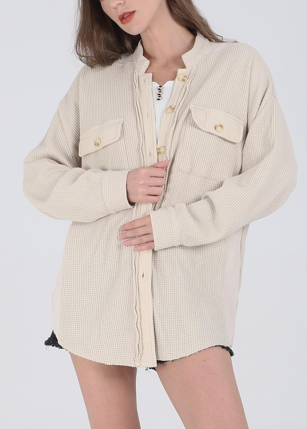 utcoco Women's Casual Waffle Knit Shacket Jacket Loose Fit Long Sleeve Button Down Shirt Shacket Top - Image 2