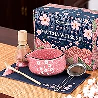 Vista 1 de Juego de Batidores de Matcha, 7 Piezas Juegos de Matcha de Cerámica con Cuenco, Batidor de Bambú y Soporte, Toalla, Tamiz, Cuchara de Bambú, Rosa