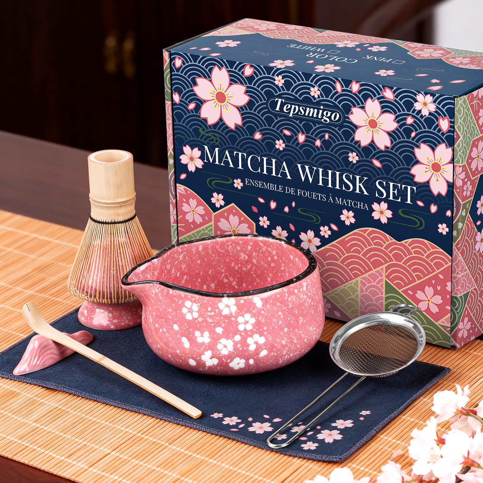 Matcha Whisk Set, 7 PCS Ceramic Matcha Sets with Bowl, Bamboo Whisk and Holder, Towel, Sifter, Bamboo Scoop, Scoop Rest, Christmas Gifts for Tea Lovers, Birthdays New Year Gifts for Women Mom