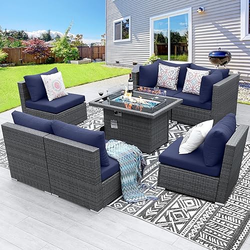 BULEXYARD Juego de muebles de patio de 7 piezas con respaldo alto para exteriores, con fogata, sofá modular de mimbre resistente para todo tipo de