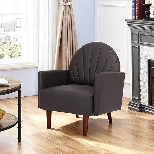 Miniatura 6 de Leather Accent Chair, Mid Century Modern PU Leather High Back Armchair for Living Room, Chairs with Solid Wood Legs for Small Spaces, Bedroom Office