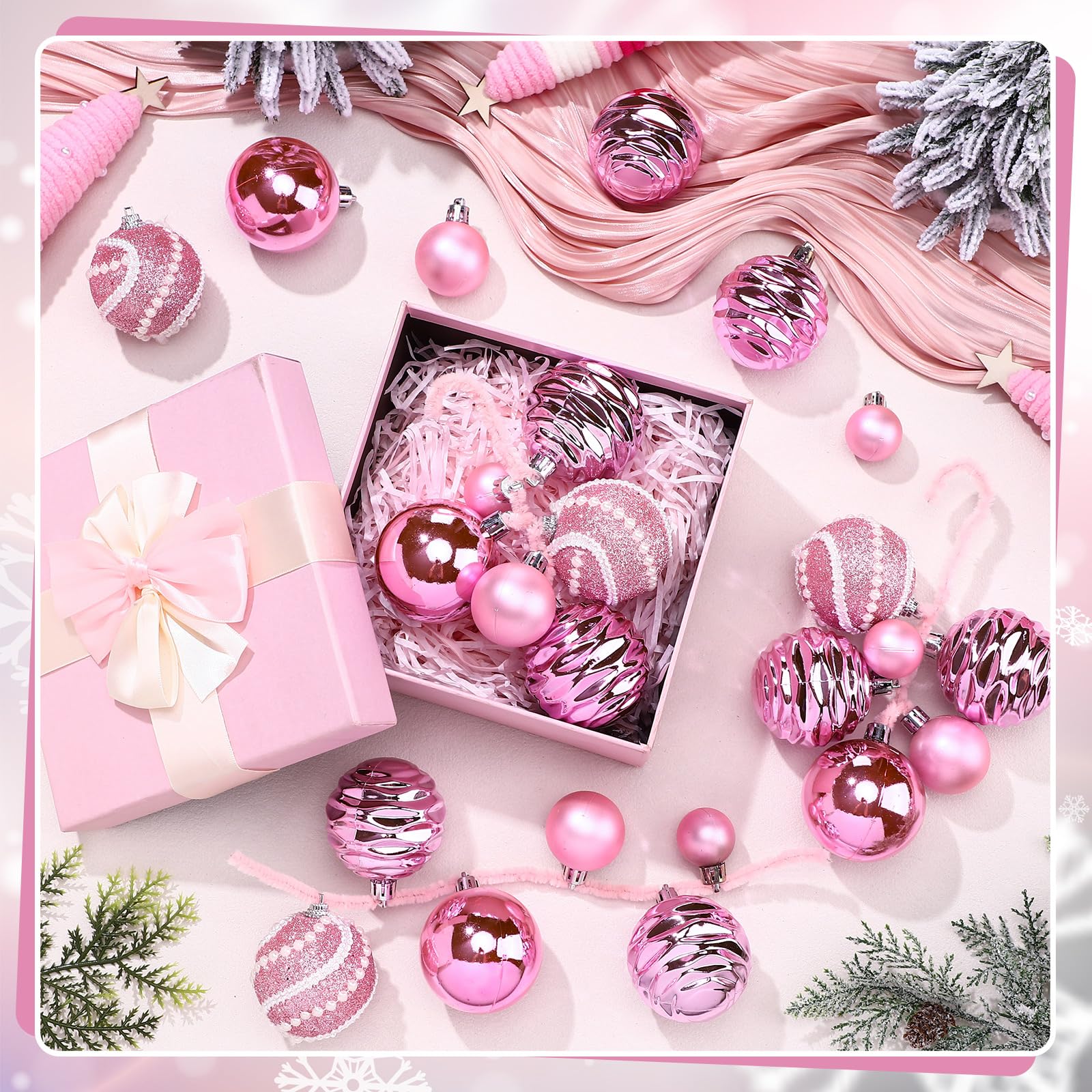 Soulchen Lot de 6 grappes de boules de Noël roses à paillettes à suspendre à la main pour décoration d'intérieur de Noël - 3 à 6,1 cm