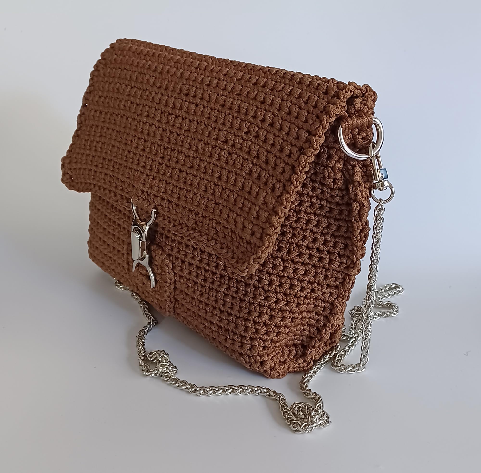 Generico Borsa a Tracolla Uncinetto Fatta a Mano, Marrone Moka, Cordino Italiano, con tracolla 120 cm, 25x17x6 cm