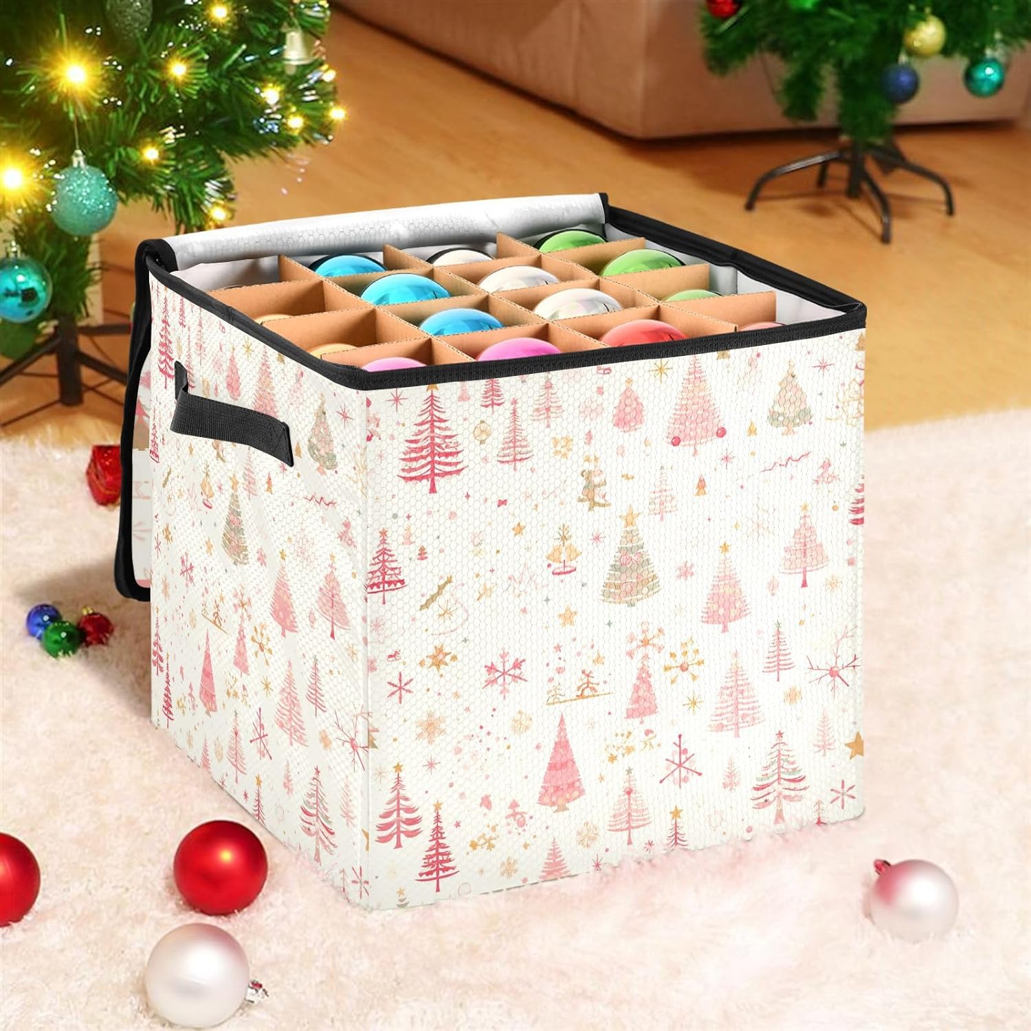 High Capacity Christmas Ornament Storage Box Holds Up to 64, Adjustable Dividers sturdy Holiday Storage Case with Lid,Pink Merry Christmas Tree