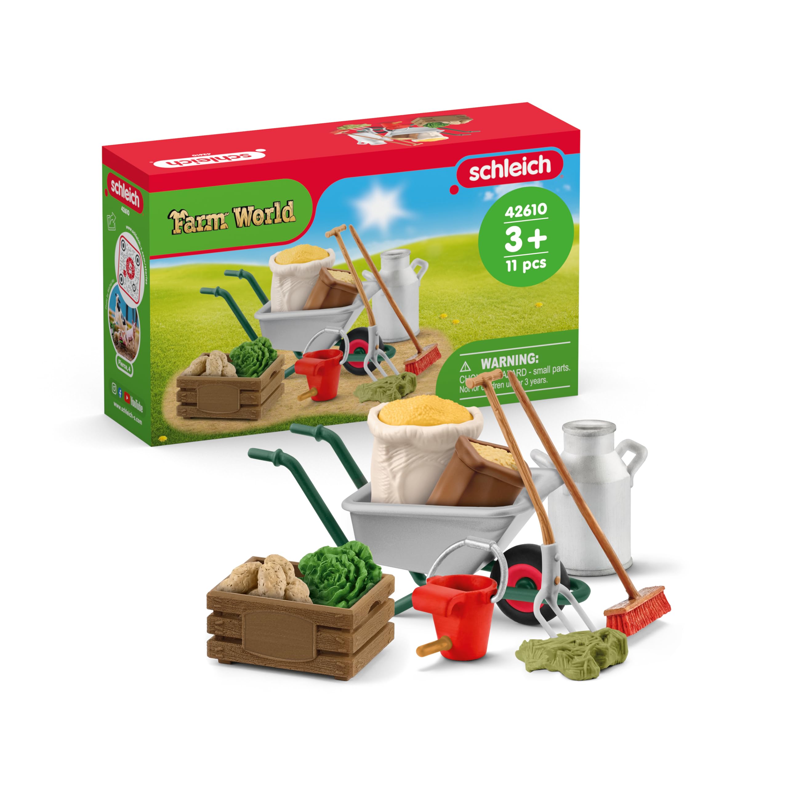 SCHLEICH FARM WORLD 42610 Bauernhof Zubehör Set für Pferde und Bauernhof Tiere - 11-Teiliges Bauernhof Lernspielzeug, Set mit Schubkarre, Heugabel und mehr, Bauernhof Spielzeug ab 3 Jahren
