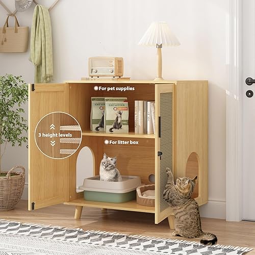 Miniatura 4 de Lovinouse Cat Litter Box Enclosure Furniture, Wooden Cat Washroom with Removable Divider, Cat Cabinet Indoor Cat House for Living Room Bathroom