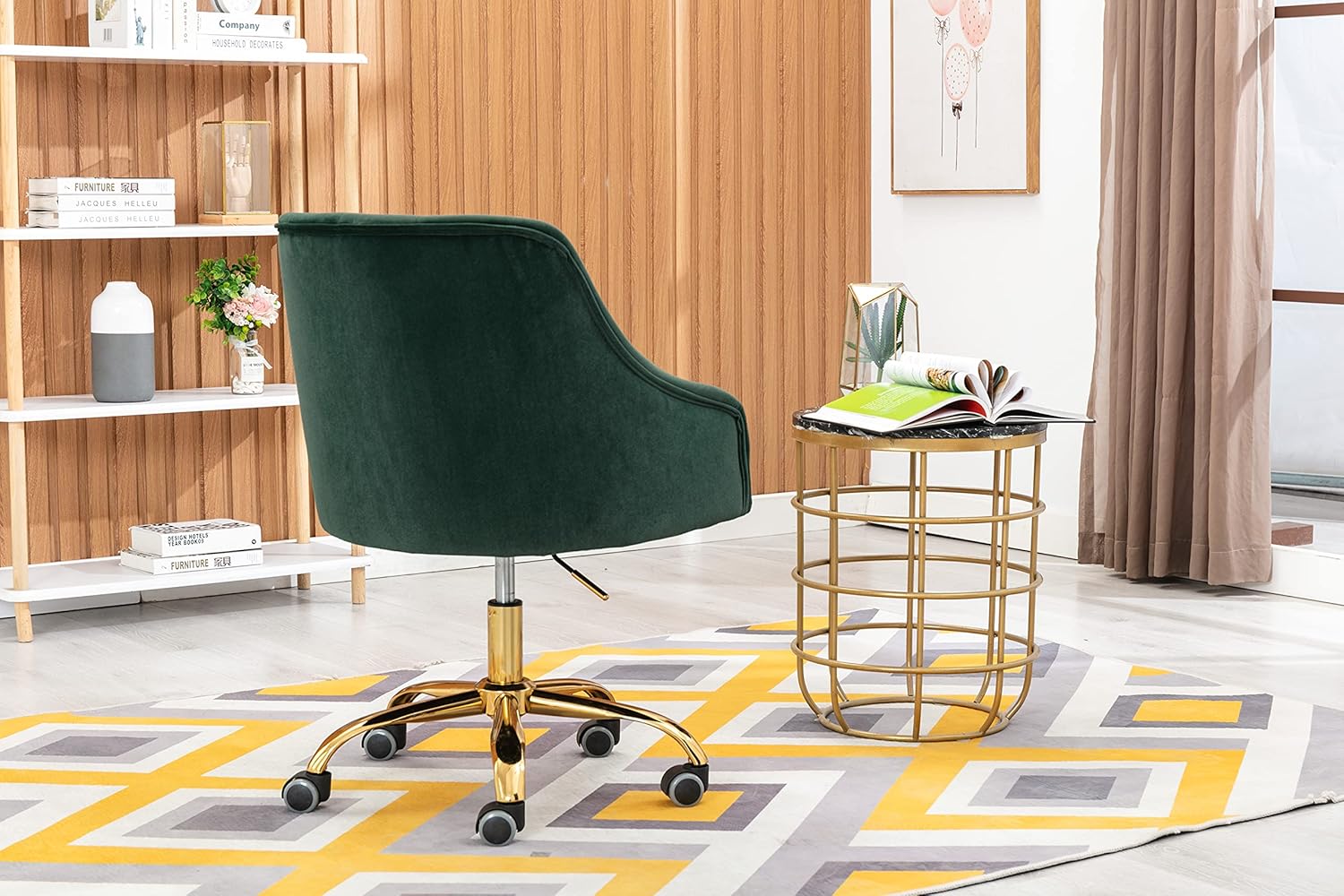 ZOBIDO Comfy Home Office Task Chair with Wheels, Cute Modern Upholstered Velvet Seashell Back Adjustable Swivel Vanity Desk Chair, for Women, for Kids, for Girls, Living Room(Dark Green)