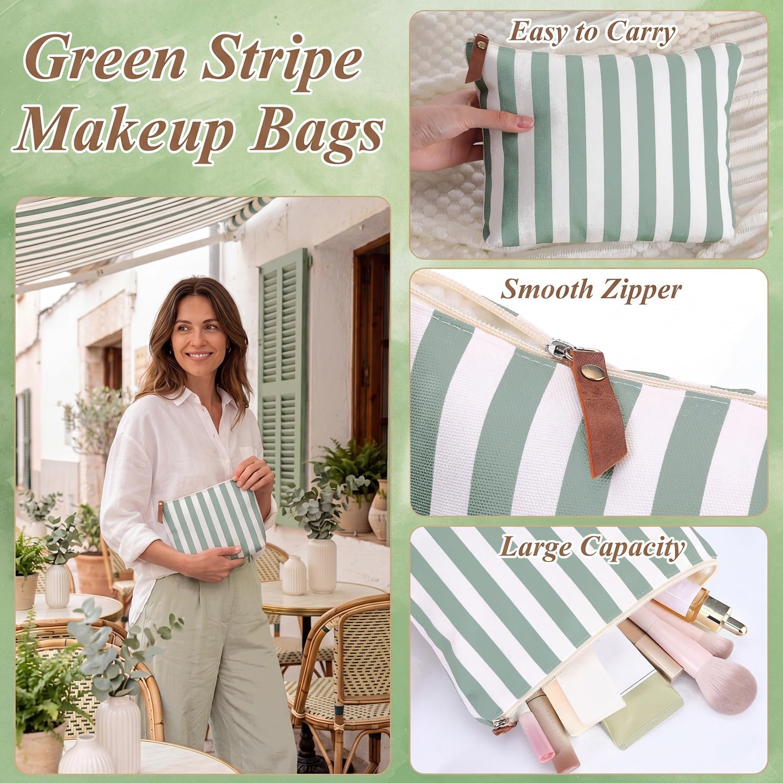 Hillban 12-Piece Striped Canvas Cosmetic Bags with Zipper