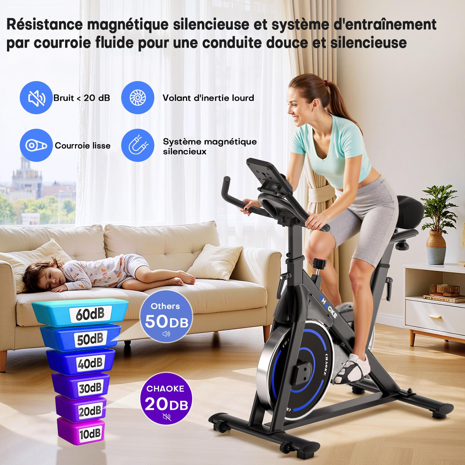CHAOKE Vélo d'appartement Silencieux Résistance Magnétique Réglable App écran LCD Capacité 150KG