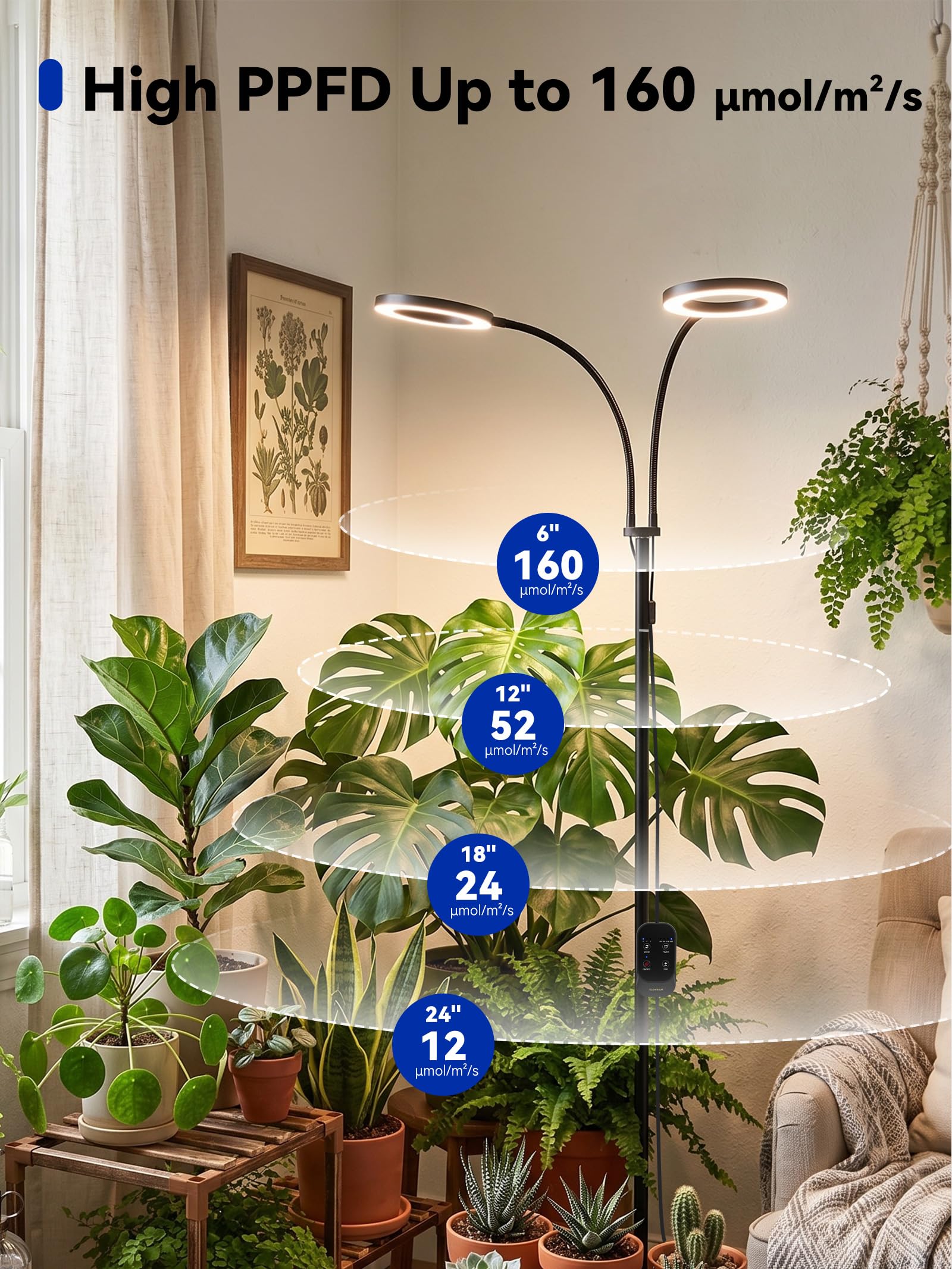 GLOWRIUM - Luci di coltivazione per piante da interno, 40 W LED a 2 teste con timer automatico, luci di coltivazione di piante ad altezza regolabile a spettro completo, 3 modalità di luce, 6 livelli