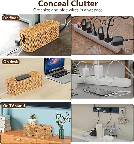 Miniatura 3 de Caja organizadora de cables, caja organizadora de cables de ratán sintético tejida a mano con tapa, 2 ranuras abiertas, caja organizadora de cables