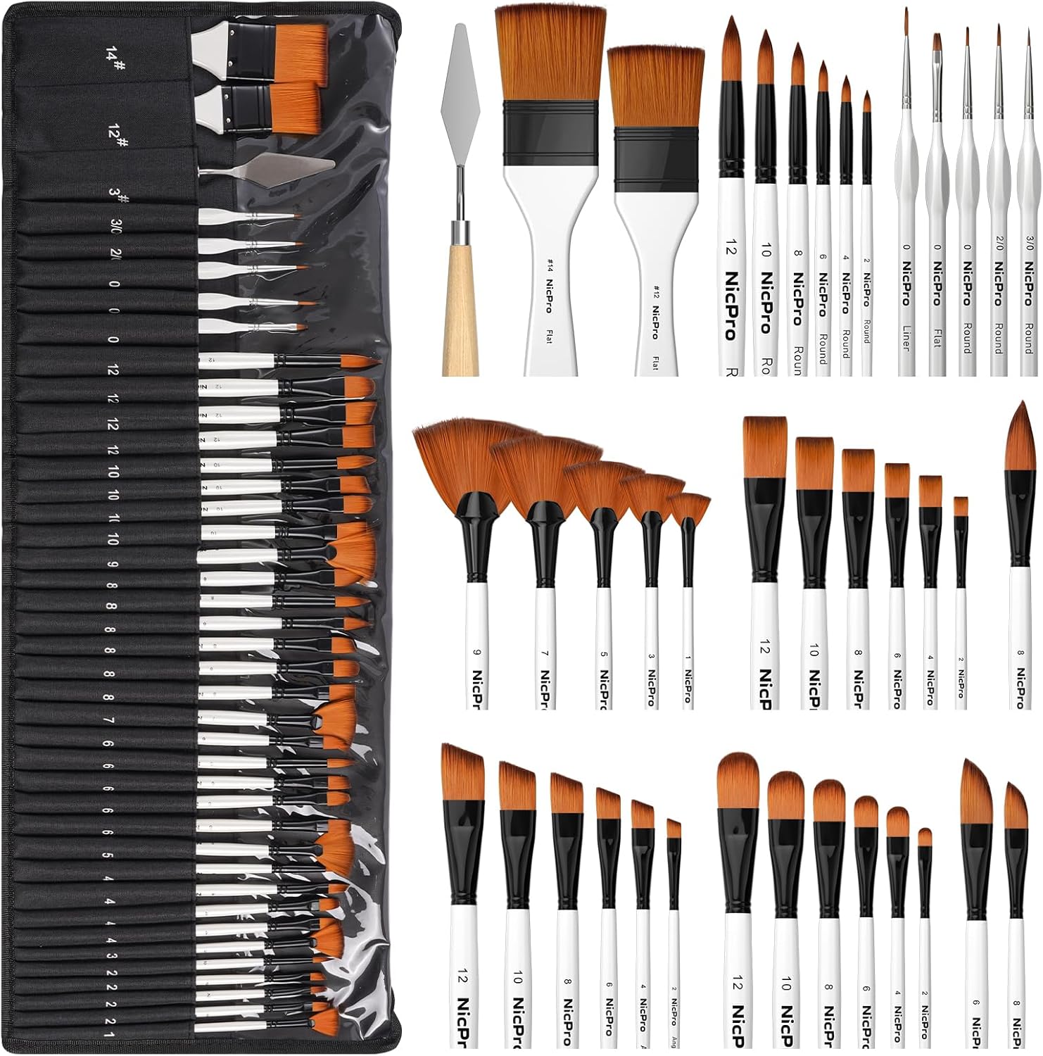 Nicpro 40 PCS Paint Brush Set, Professional Acrylic Paint Brushes with Palette Knife and Canvas Roll, Suitable for Acrylic Painting, Oil, Watercolor, Gouache, Art Supplies Painter Gifts for Artist