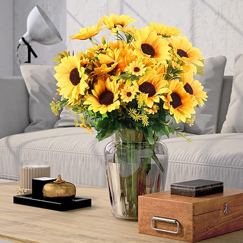 Miniatura 4 de Jexine Paquete de 16 ramos de girasoles artificiales con tallos de seda, girasoles de seda, flores amarillas falsas, arreglo floral sintético para