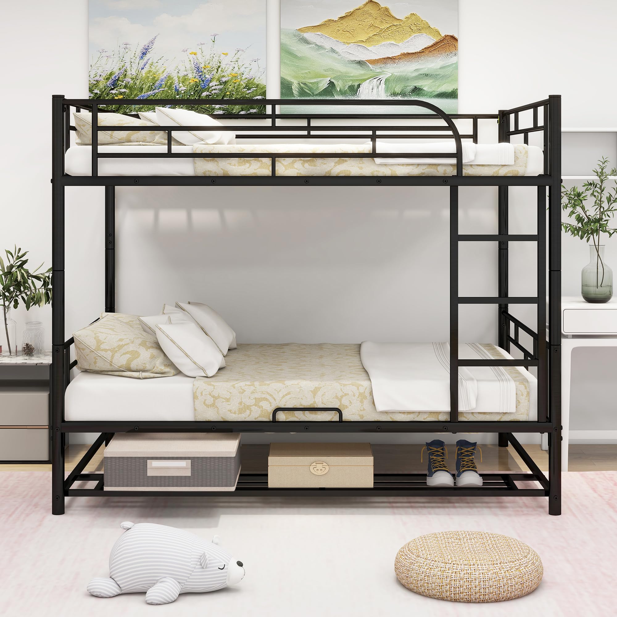 Bellemave Bunk Bed Full Over Full,Metal Bunk Bed with Shelf and Guardrails,Full bunk beds for Kids, Teens & Adults（Black）
