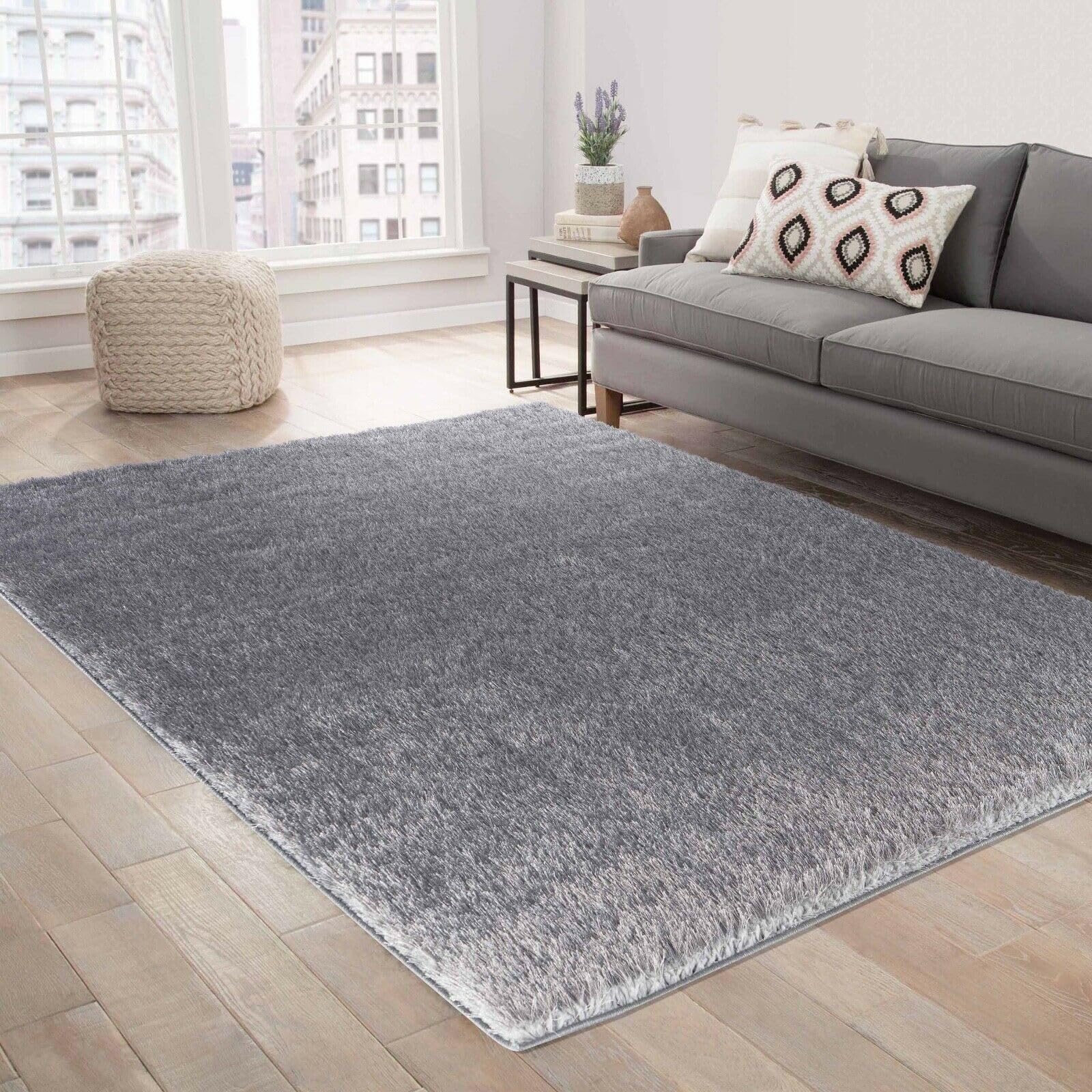 Serdim Rugs Silver-Plain Modern Soft Plain Shiny Shimmer Living Room Polyester Shaggy Area Rugs, Silver, 80X150cm (2'6"X5'0")