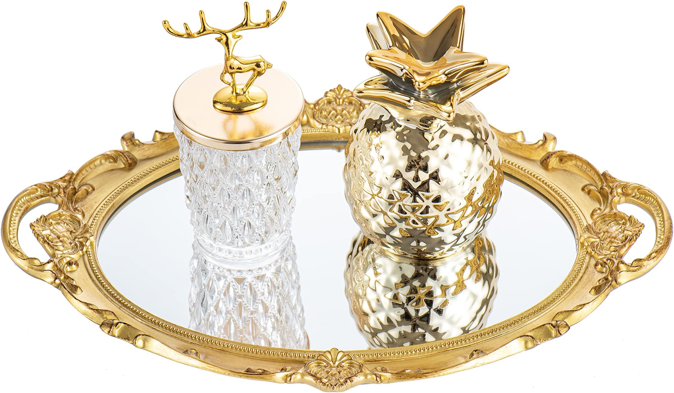 Yujiko Mirrored Tray,Decorative Mirror Tray Vantity Tray Antique Tray for Perfume Cosmetics Makeup Storage Organizer and Display,Dresser Jewelry Organizer,Serving Tray,9.8inch x 14inch (Gold)