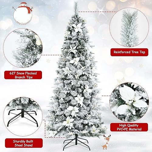 Miniatura 3 de GOFLAME Árbol de Navidad artificial nevado de 6 pies, árbol de Navidad preiluminado con bisagras con 471 agujas de pino, puntas de PVC y
