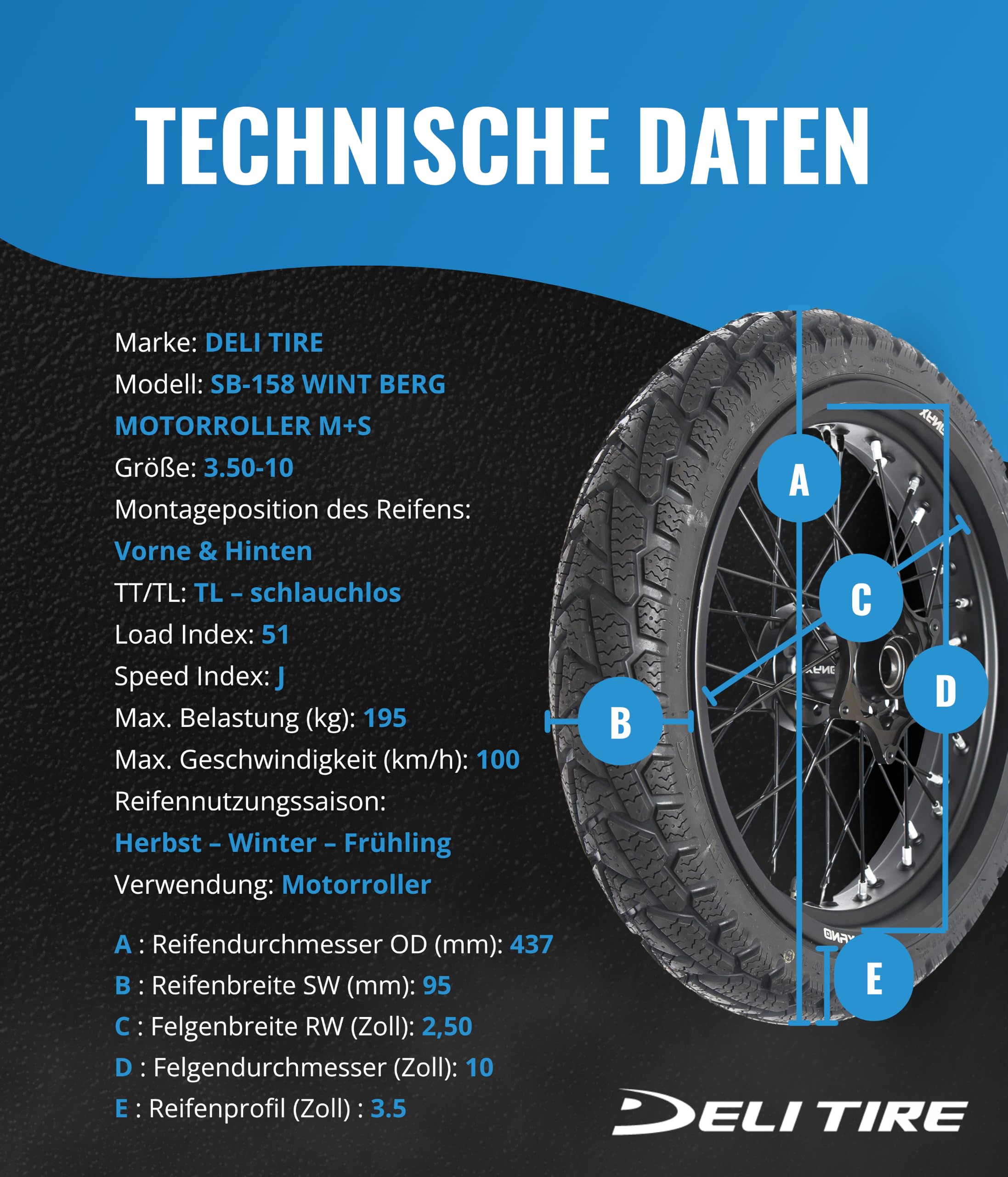 Motorroller Reifen 3.50-10 Winterreifen TL 51J SB-158 WINT BERG M+S