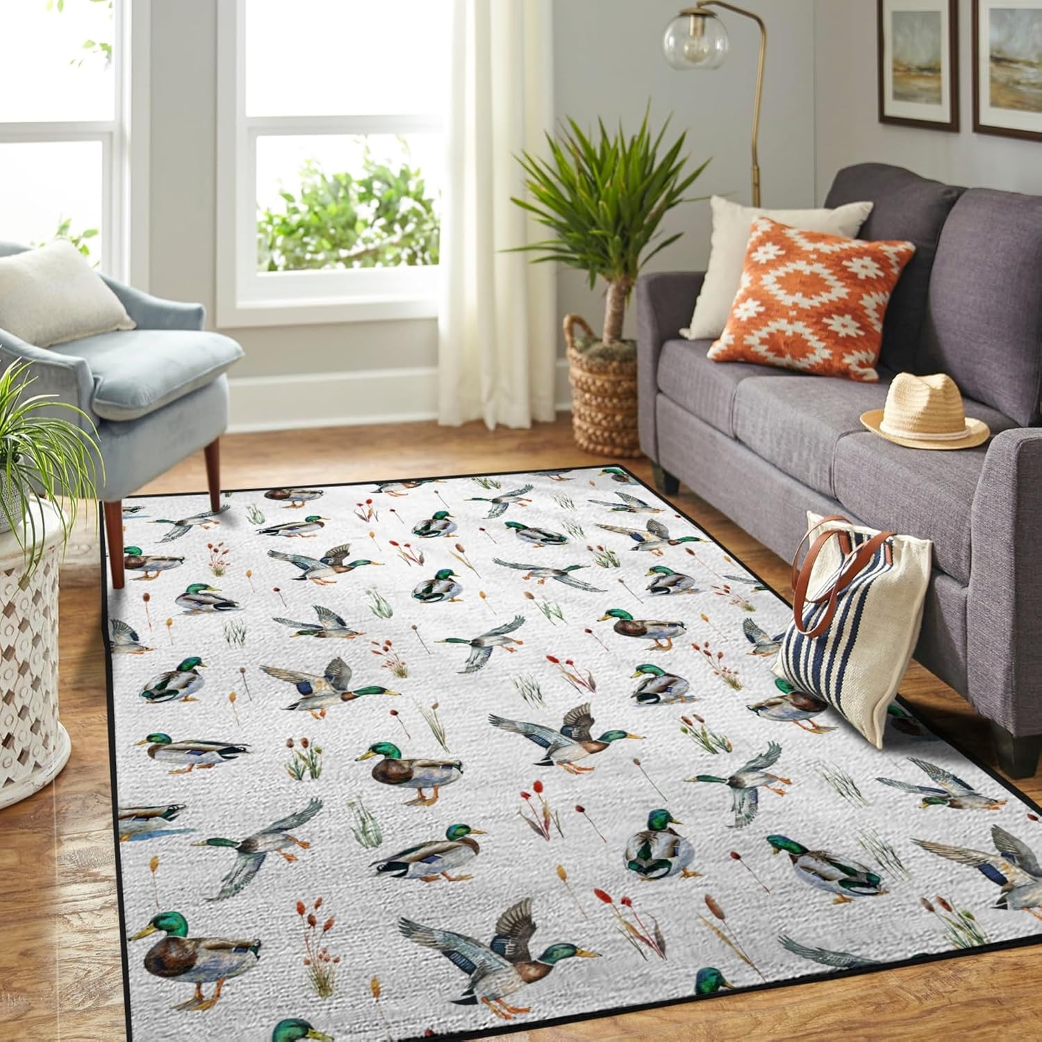 Watercolor Mallard Duck Hunting Area Rugs Baby Duck Hunting Nursery Decor Floor Carpet Rug Wild Duck Leaves Throw Mats for Kids Toddler Room Bedside Living Room Bathroom Kitchen Laundry 20x32inch
