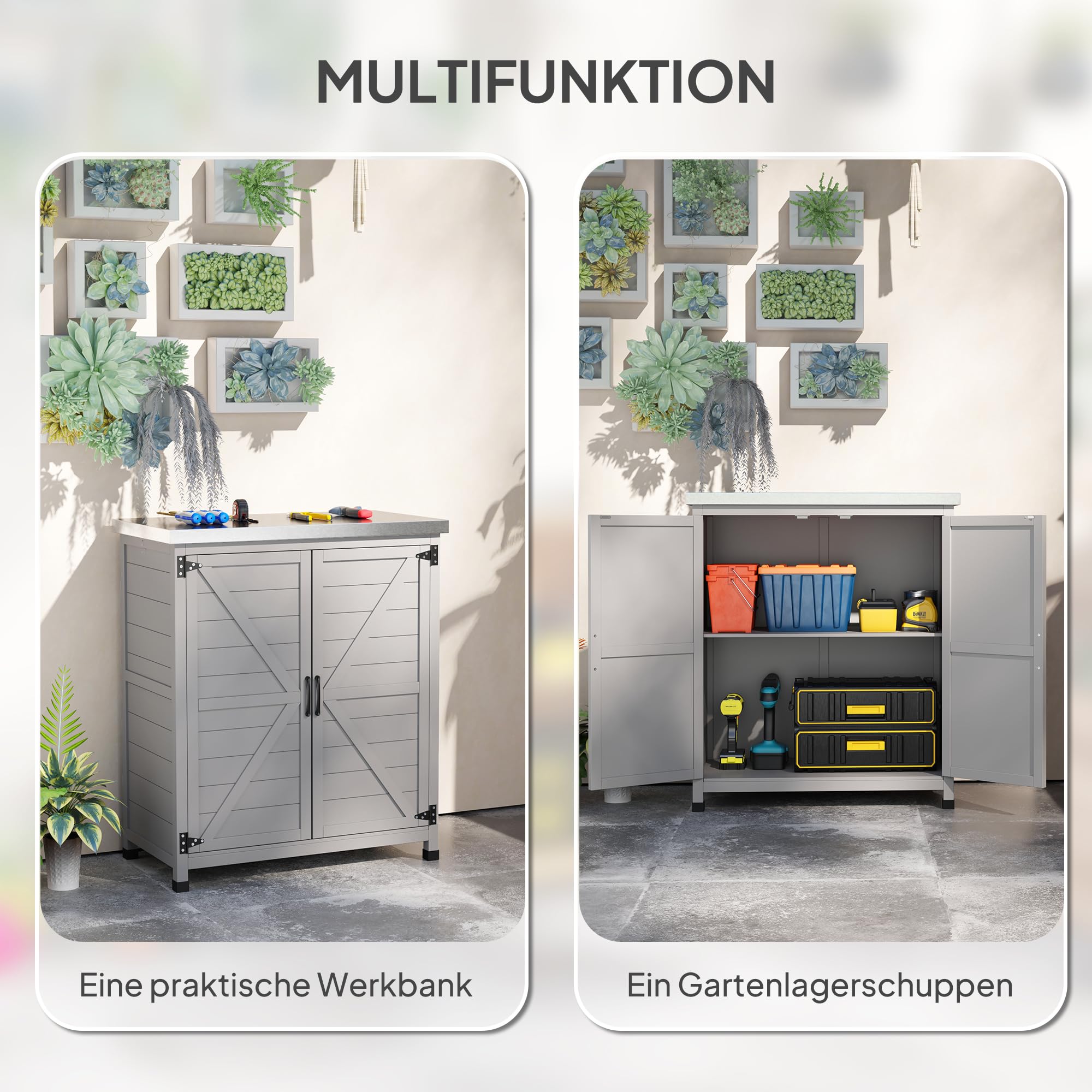 Outsunny Gartenschrank mit Pflanztisch Holz Geräteschuppen verzinkter Arbeitsplatte 2 Regalböden Doppeltür 79 x 43 x 92cm Grau