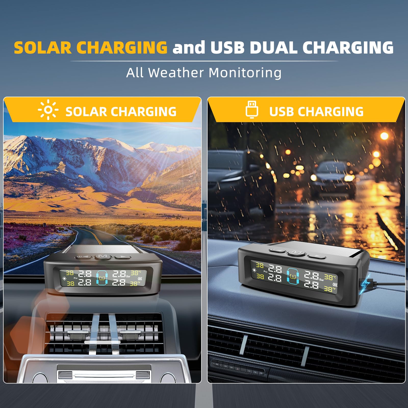 0-5bar Sistema di Sensori di Monitoraggio della Pressione degli Pneumatici TPMS Monitoraggio Solare Senza Fili con 4 Gomme Sensori Esterni 4 Modalità di Allarme per Auto SUV Camper