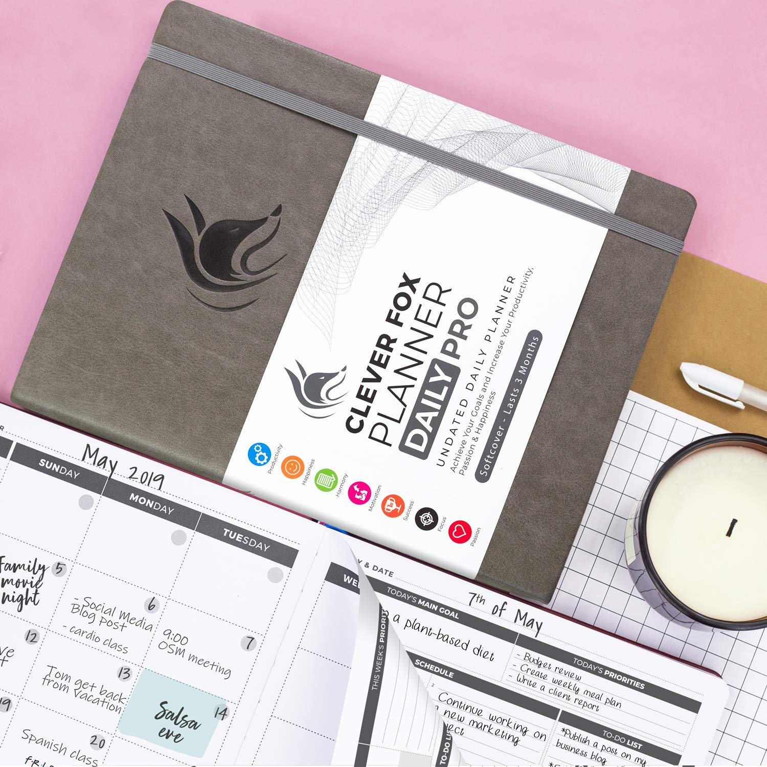 Clever Fox Planner Daily PRO - Agenda diaria y diario de gratitud para aumentar la productividad, gestión del tiempo y alcanzar tus objetivos, sin fecha, tamaño A4, 21,5 x 28 cm, dura 3 meses (gris)