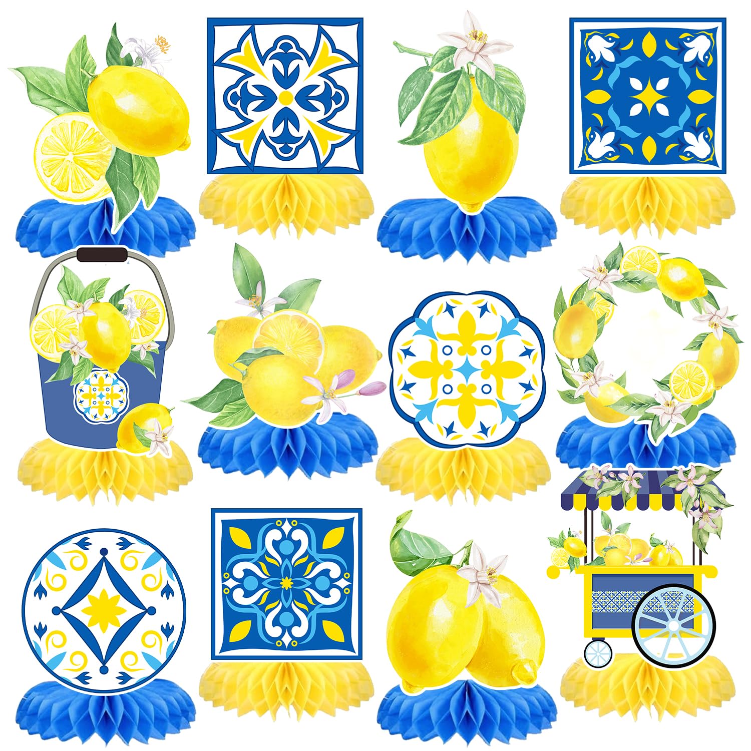 Photo 1 of 12 Pcs Capri Lemon Blue Yellow Tiles Honeycomb Centerpieces Decorations Mediterranean Amalfi Coast Centerpieces for Lemon Birthday Party Italian Summer Wedding, Bridal Shower Bachelorette Fiesta Decor