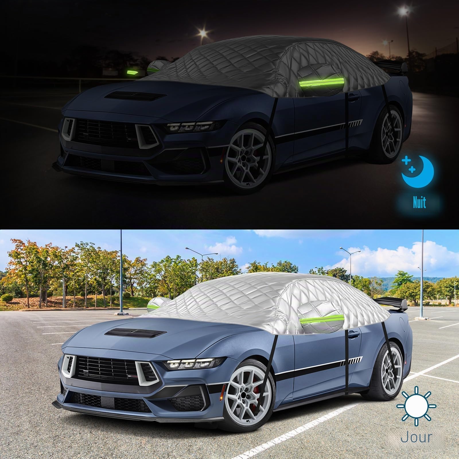 Demi-Housse de Voiture pour 2005-2023 Ford Mustang S197 S550 S650 | 6 Couches, avec Crochets, Bande Réfléchissante et Capuchons D'oreilles, Contre Neige Glace et Givre