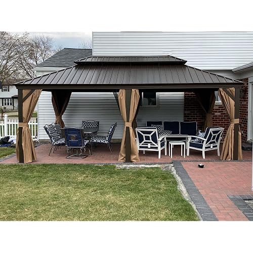 12' x 18' Hardtop Gazebo, Domi Outdoor Aluminum Metal Gazebo with Curtains and Netting, Galvanized Steel Double Canopy for Patios, Deck, Backyard