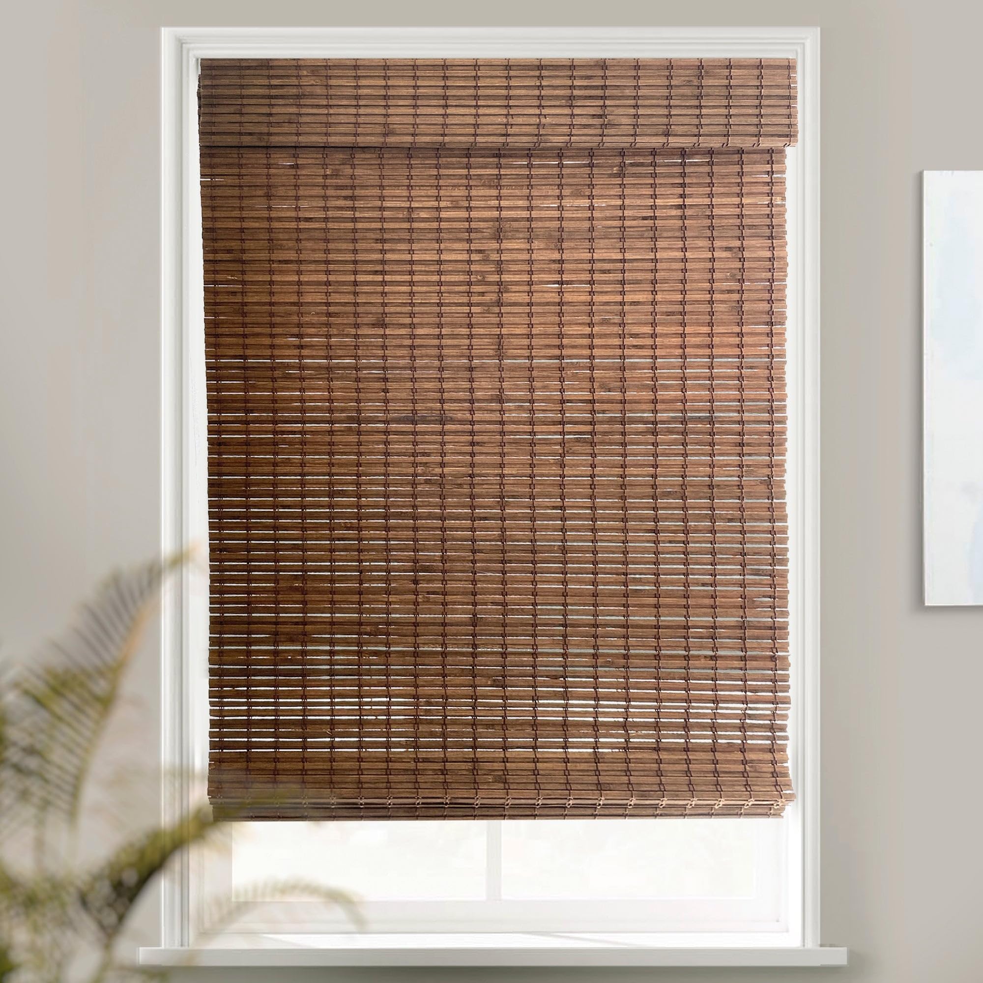MOOD Custom Bamboo Shades | Rustic | Cordless Bamboo Roman Shades for Windows and Doors (Natural Woven) | Rustic Walnut (Great Privacy) | 24" W X 24" H