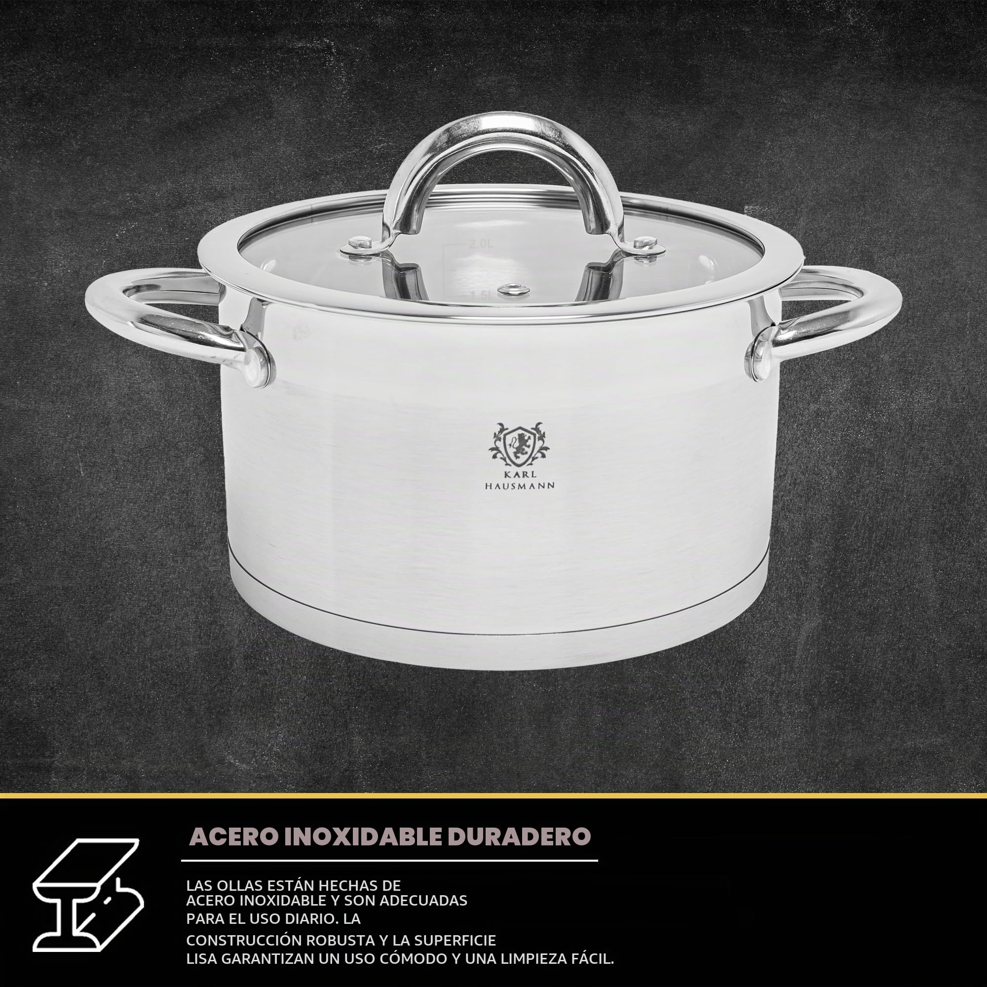 KARL HAUSMANN Juego de Ollas Acero Inoxidable - 4 Piezas - Bateria de Cocina de Acero Inoxidable con Tapas de Vidrio - Apta para induccion, Gas y Vitrocerámica - Set Ollas