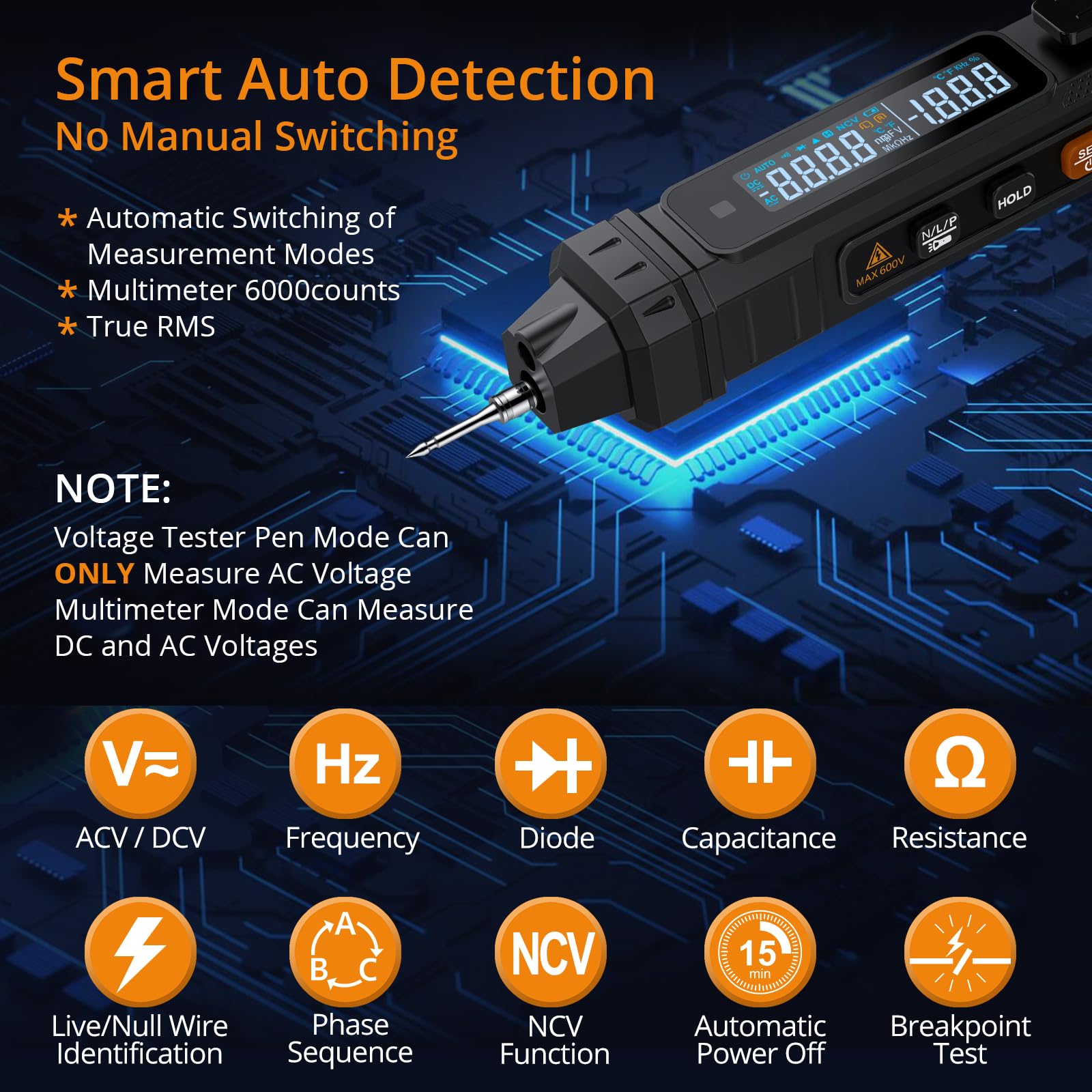 Neoteck 3-in-1 Multimeter Pen with AC/DC Voltage Tester, Resistance, Capacitance, Continuity, Diode - Image 3