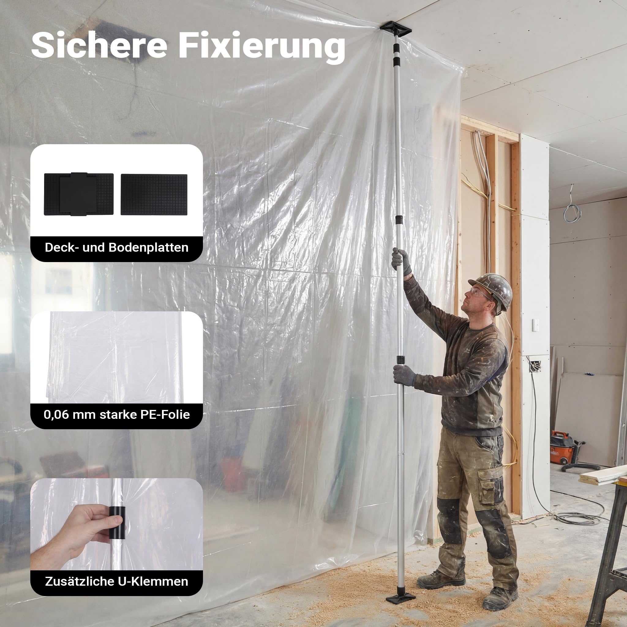 Wiltec Staubschutzwand 4 x 10 m, Renovierungs-Set Staubwand mit Reißverschluss für Folientür und Teleskopstangen 1,5-3,9 m, Trennwand für Renovierung