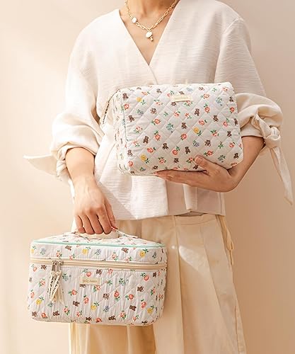 Miniatura 7 de HBselect Bolsa de maquillaje acolchada de algodón, 2 piezas, bolsa de maquillaje de coqueta, bolsa grande de viaje para cosméticos estética, linda