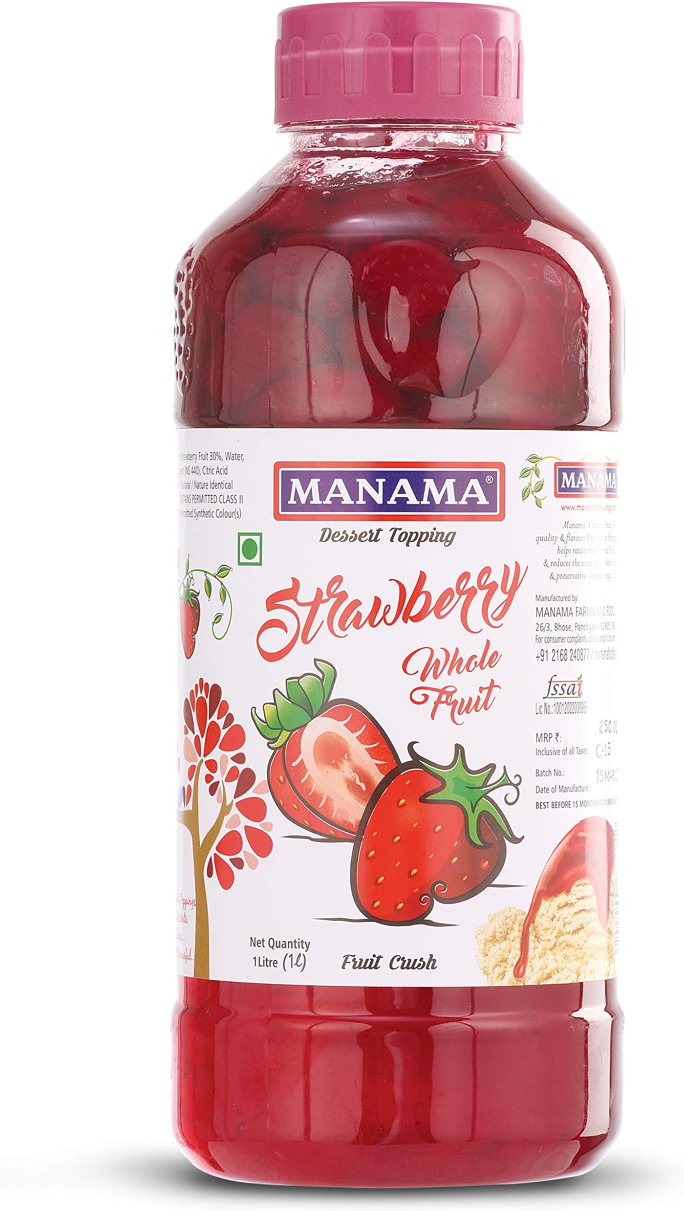 Strawberry Crush, Whole Crush, (1Litre) Fruit Crush use as Dessert Topping For Cakes, Ice Creams and Making Thick Shakes
