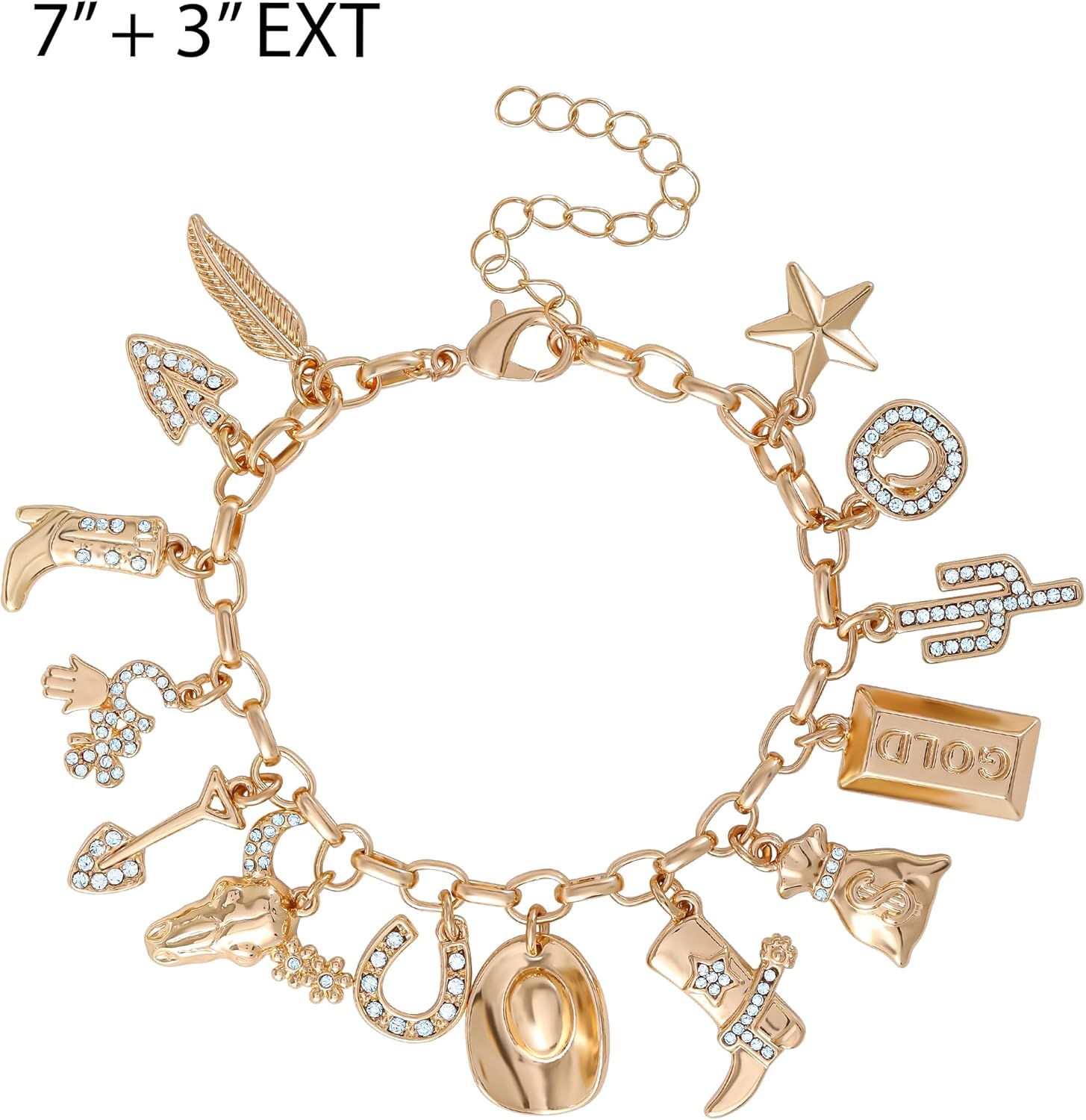 Jessica Simpson Gold Tone Charm Bracelet for Women 7"+3", Western Bracelets for Women, 14 Charms with Crystals - Image 4