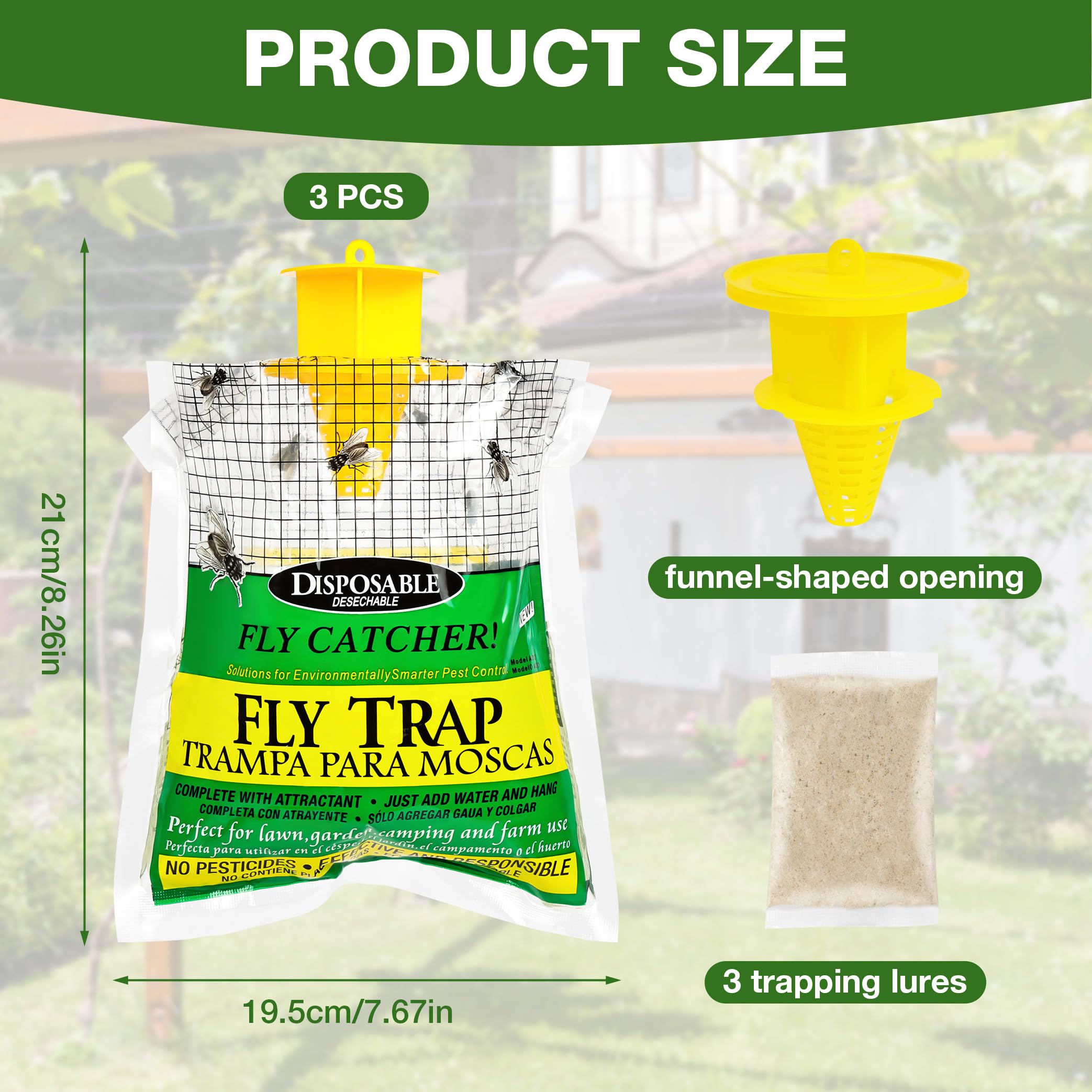 AOOWU Trappola per Antimosche da Interno Esterno, 3 Pezzi Trappola per Mosche, Appendere Trappola per Zanzare, Cattura Mosche con Alimenti per Giardino, Casa, Cucina, Zanzare, Esterno, Interno