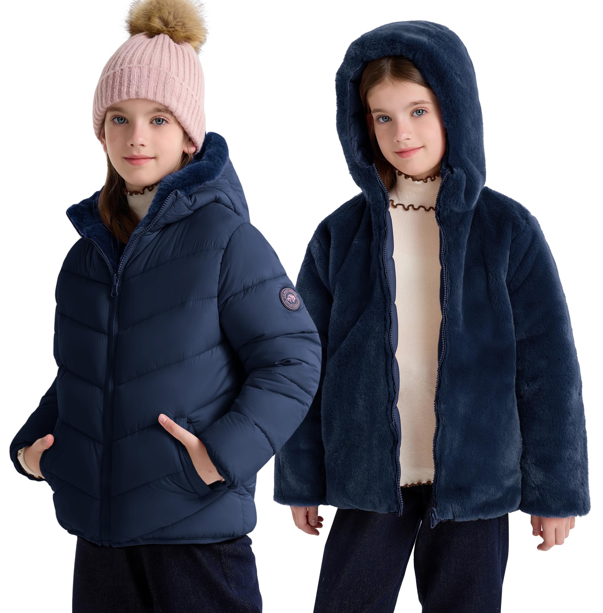 maoo garden Chaqueta Hinchada Reversible de Invierno para Niñas Abrigo Resistente al Agua con Forro Polar Difuso de Plumón Falso Pesado para Niños