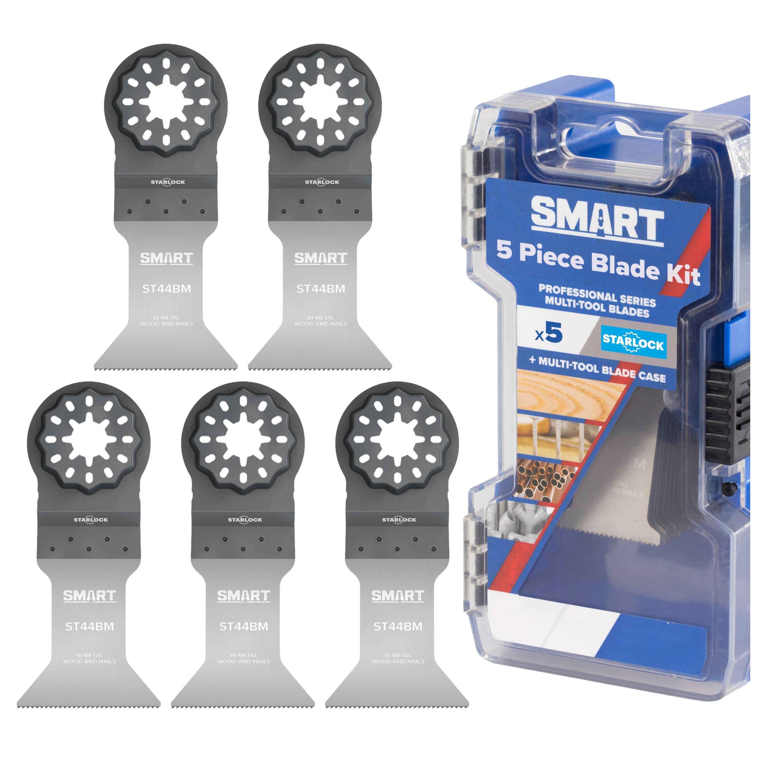 Smart Grey Starlock 44Mm Bi-Metal Multi-Tool Blades 5 Pack | Oscillating Multitool Blade Set With Storage Case