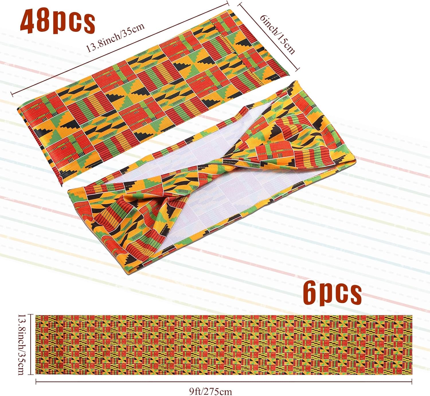 Newwiee 48 Stretch Chair Cover Sashes with 6 Table Runner Set 6 x 14 Inch Elastic Chair Band Ties 14 x 108 Inch Table Runner for Family Gathering Banquet Decoration (Brown,African Kente)