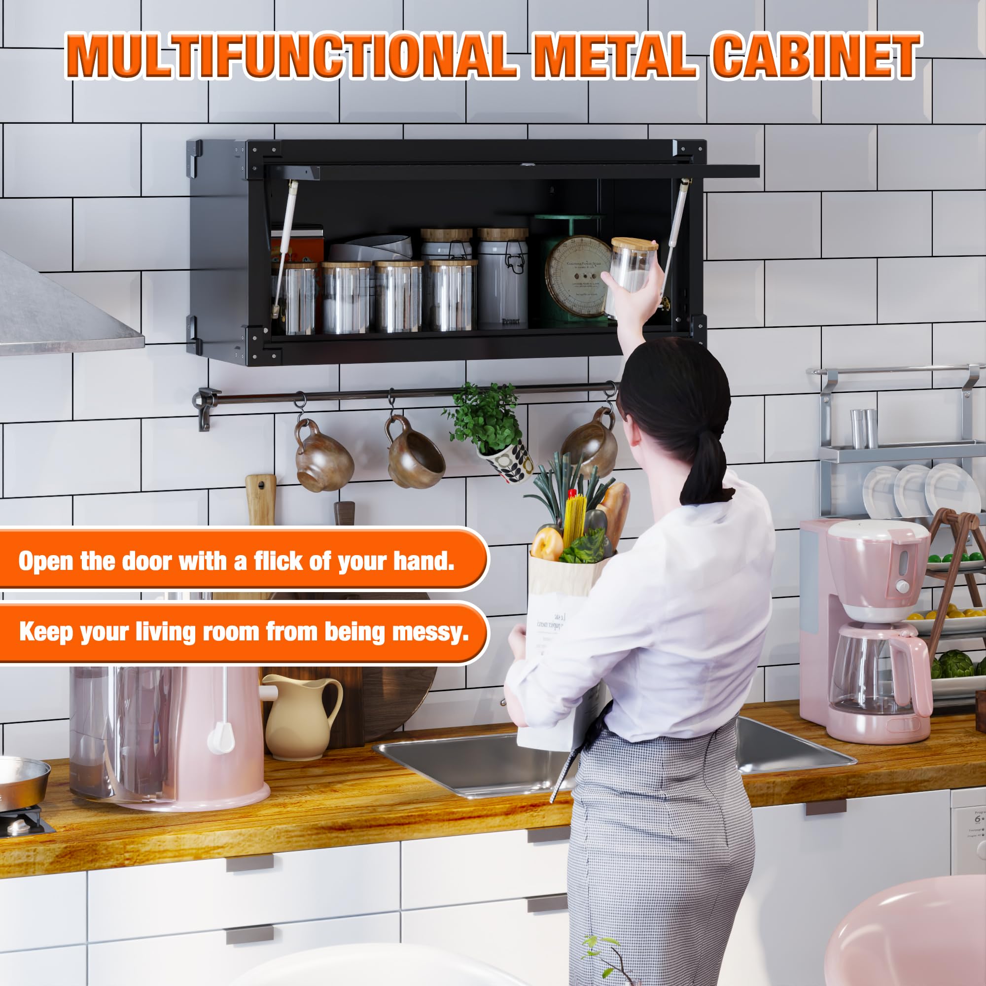 SUPEER Armario colgante de metal para herramientas con puerta plegable, armario colgante de pared de acero inoxidable, garaje, taller, cocina, 80 x 30 x 38,5 cm, color negro