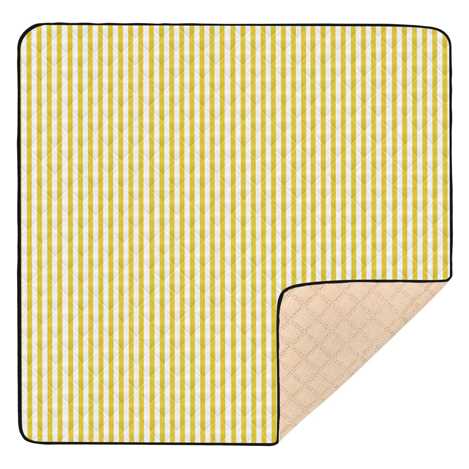 FLildon Yellow White Stripes Baby Play Mat for Floor 50" X 50" Foldable Waterproof Non-Slip Playmat for Baby Playpen Quilted Crawling Mats Game Rug