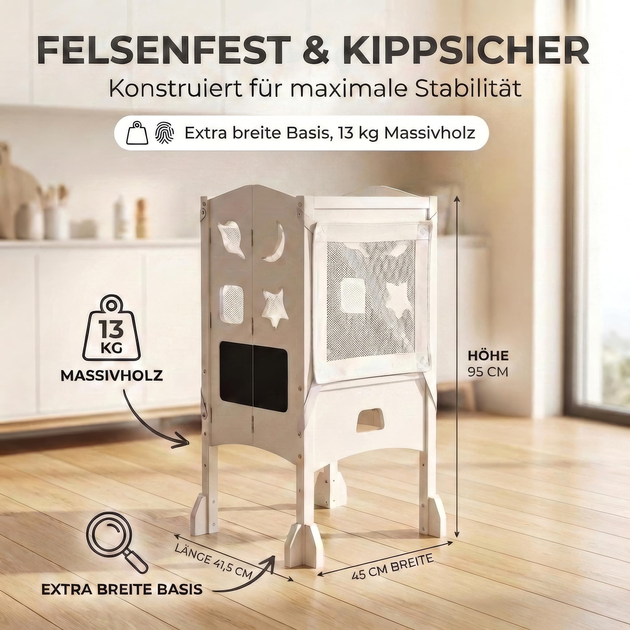 BabybeFun Lernturm klappbar ab 1 Jahr mit 360° Sicherheitsnetz - Extra Stabiler Learning Tower mit Anti-Kipp-Schutz