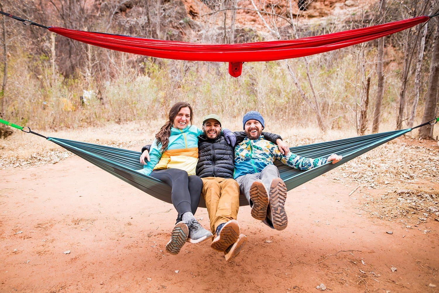 Grand Trunk TrunkTech Single Hammock | Lightweight Ripstop Nylon Camping & Travel Hammock, 11 ft, 500 lb Capacity, Includes Carabiners | Red with Navy Trim