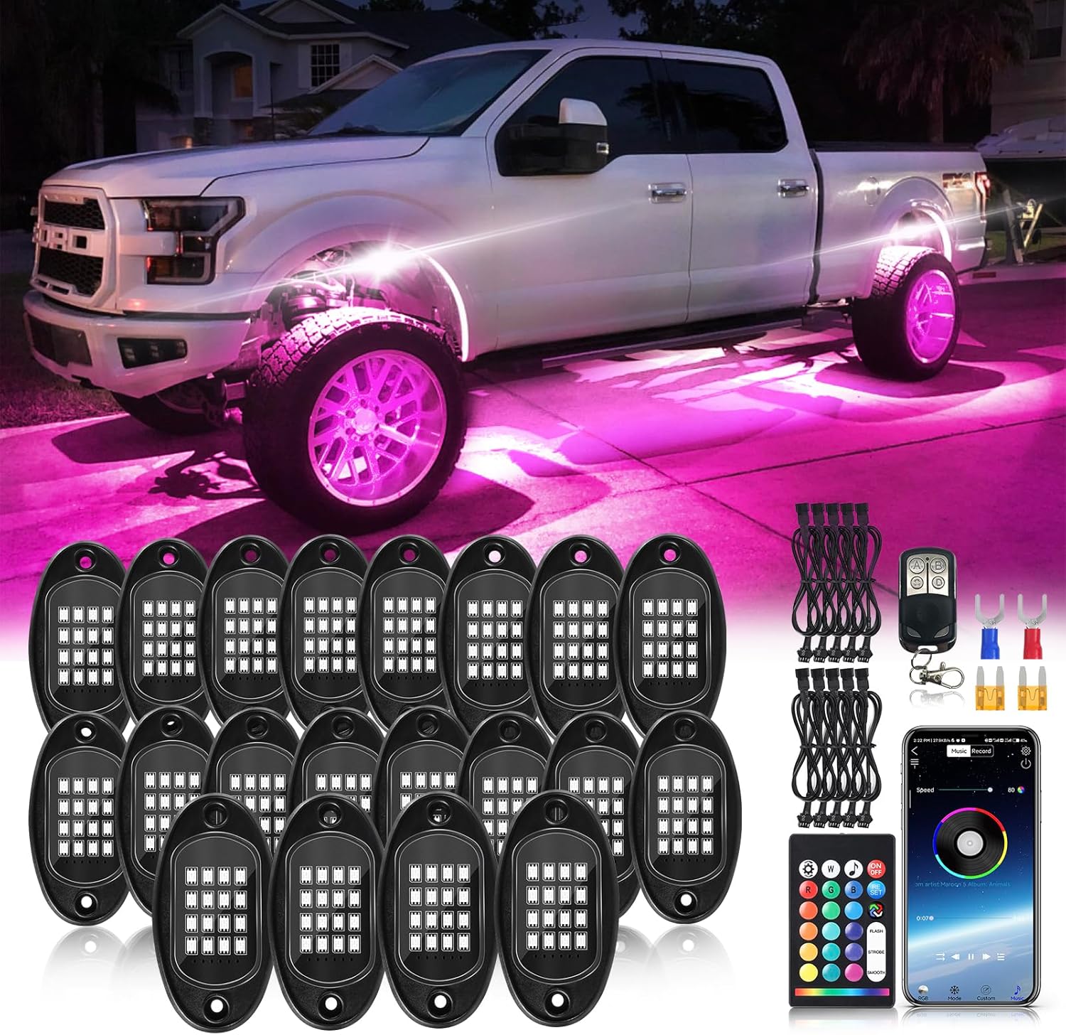 20Pods Segmented RGB LED Rock Lights Kit+4Pcs 47 inch 4-Pin Extension Wire Cable Cord