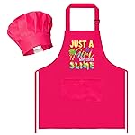 R HORSE 2Pcs Kid Apron and Chef Hat Set, Adjustable Children Pink Kitchen Toddler Apron for Girl Who Loves Slime, Dress up Role Play Chef Toy Funny Cooking Gift Birthday Gift for Kids Baking Painting