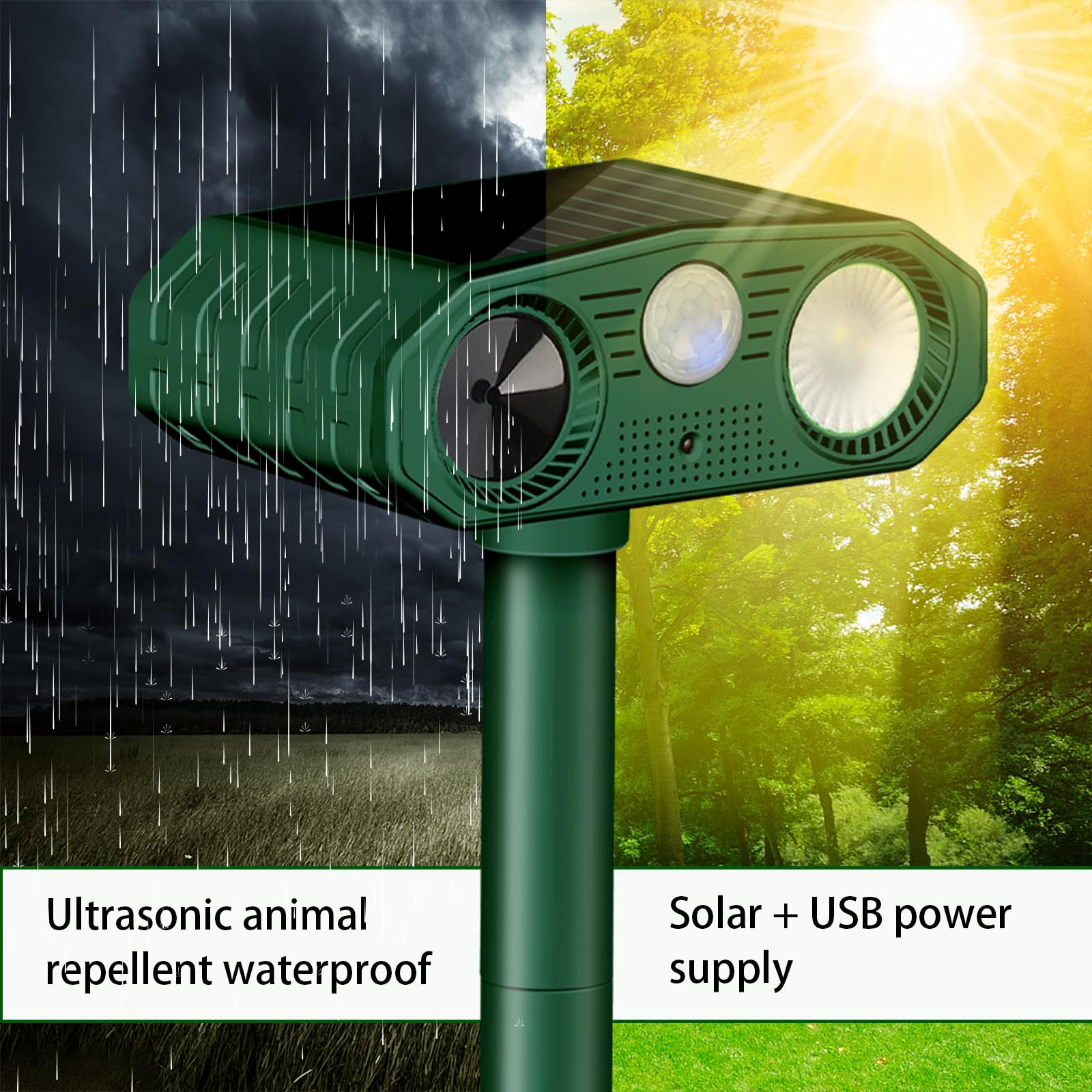 Répulsif Chat Ultrason, 3 Modes Repulsif Chat Solaire & Solaire et USB Répulsif Animaux, IP54 Étanche Repulsif Chat Exterieur avec Détecteur et Flash pour Chats Chiens Souris Ratons Animaux de Jardin